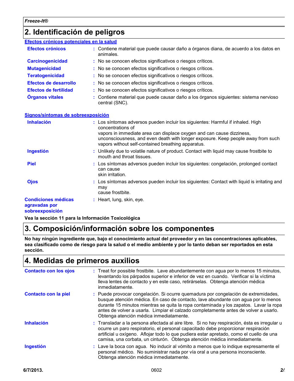 Identificación de peligros, Composición/información sobre los componentes, Medidas de primeros auxilios | Chemtronics Freeze-It ES1550 User Manual | Page 2 / 9
