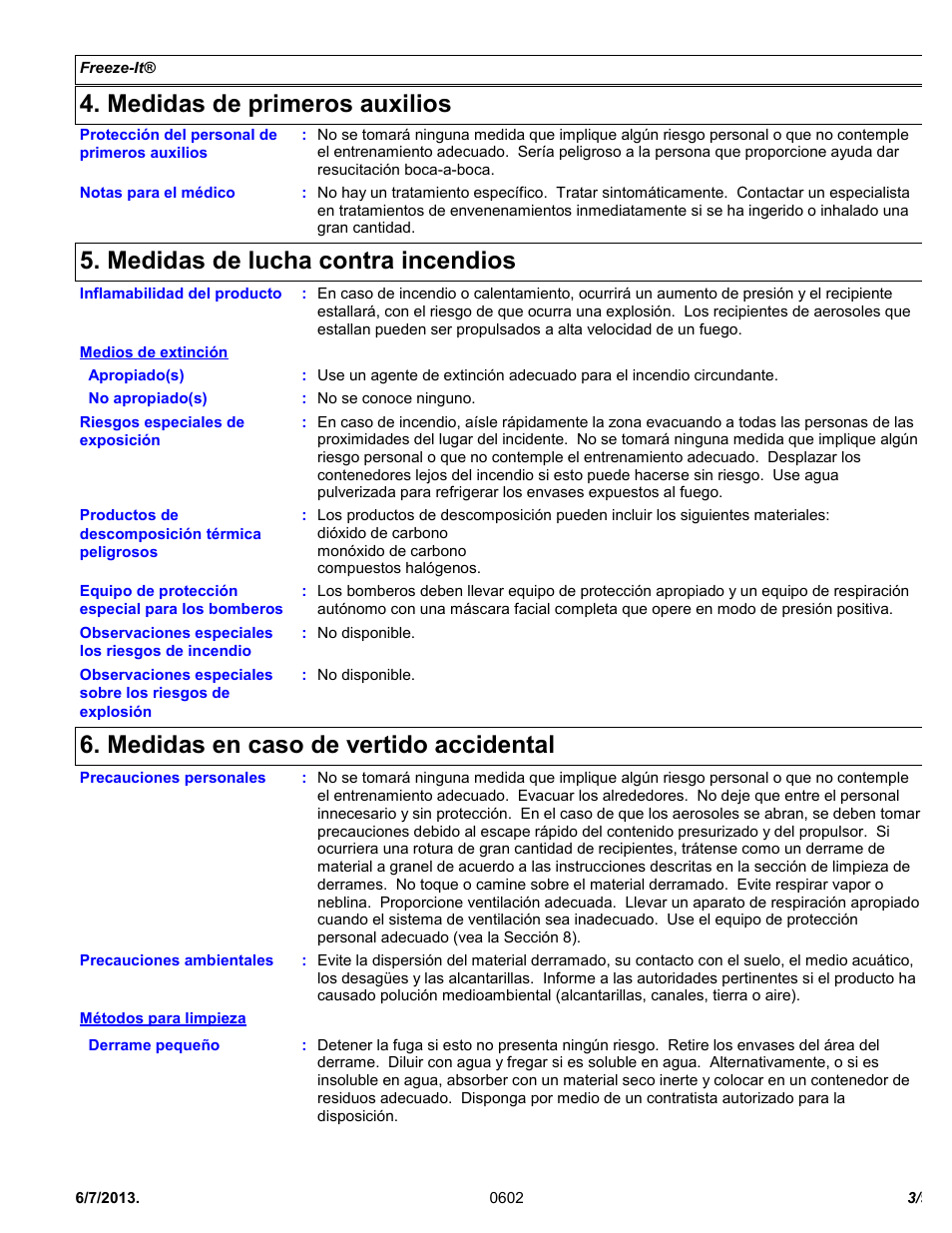 Medidas de primeros auxilios, Medidas de lucha contra incendios, Medidas en caso de vertido accidental | Chemtronics Freeze-It ES1550 User Manual | Page 3 / 9
