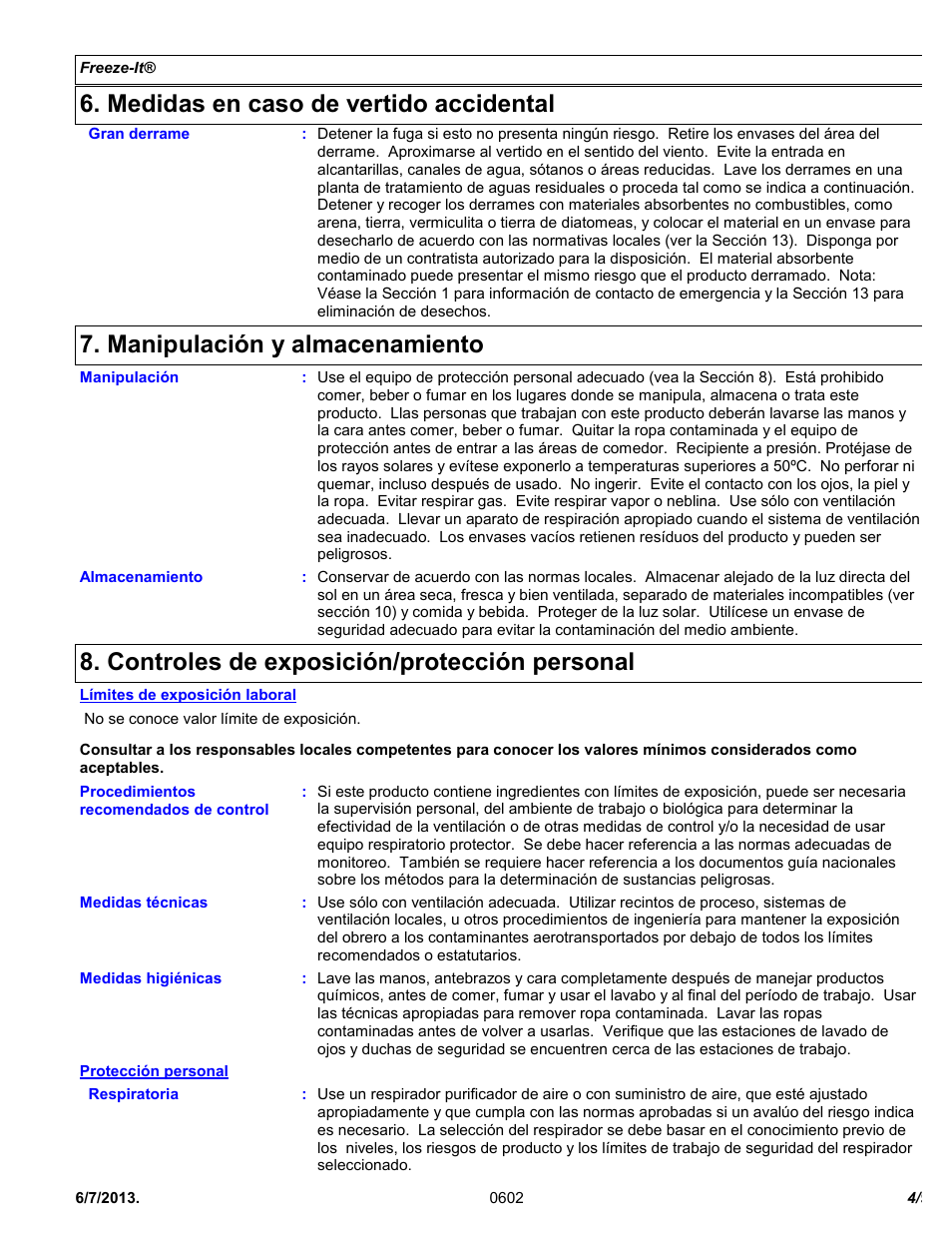 Medidas en caso de vertido accidental, Manipulación y almacenamiento, Controles de exposición/protección personal | Chemtronics Freeze-It ES1550 User Manual | Page 4 / 9