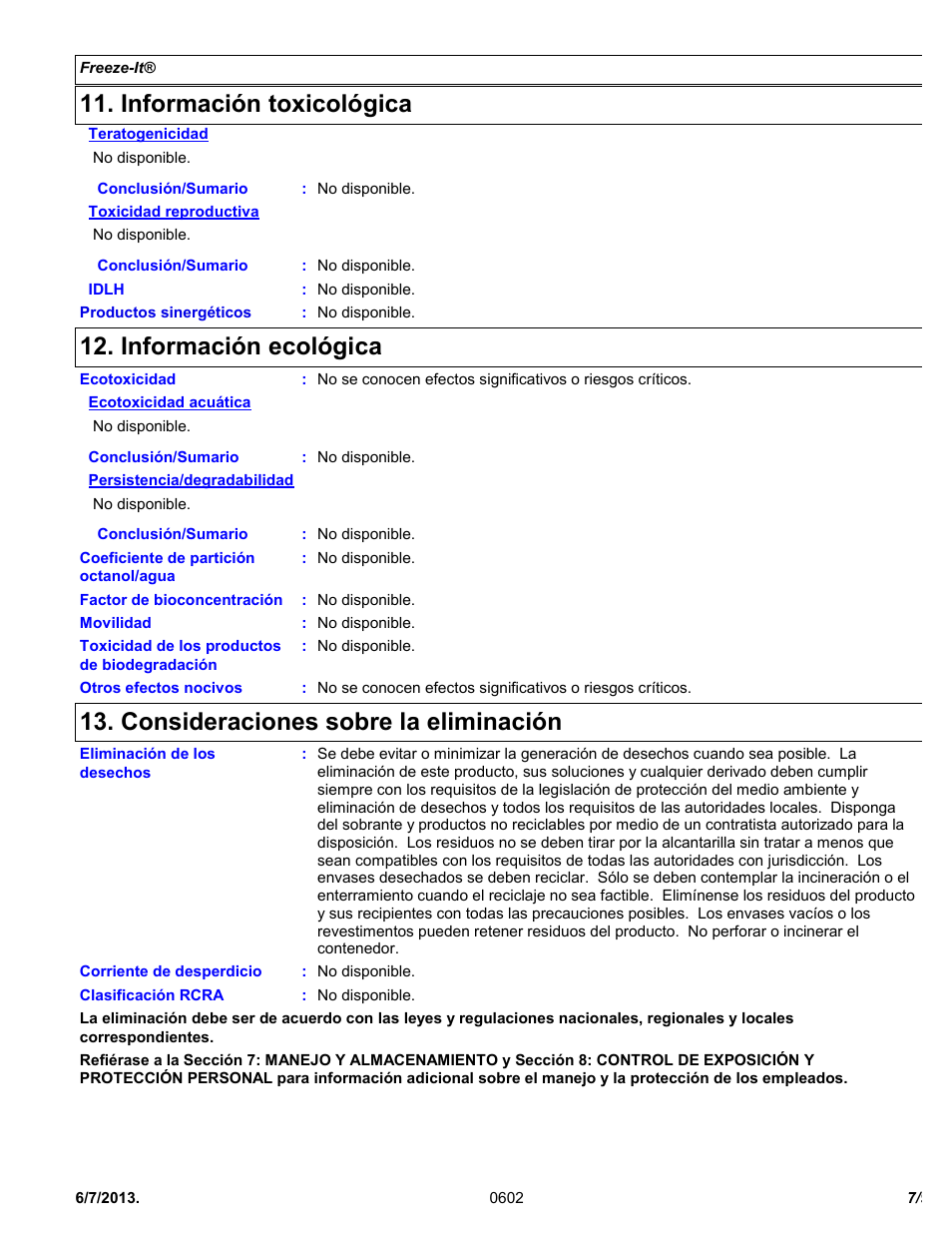 Información toxicológica, Información ecológica, Consideraciones sobre la eliminación | Chemtronics Freeze-It ES1550 User Manual | Page 7 / 9