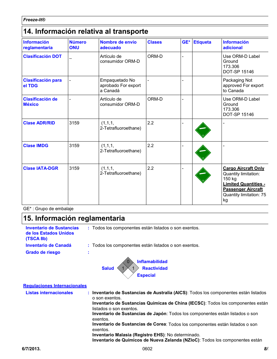 Información relativa al transporte, Información reglamentaria | Chemtronics Freeze-It ES1550 User Manual | Page 8 / 9