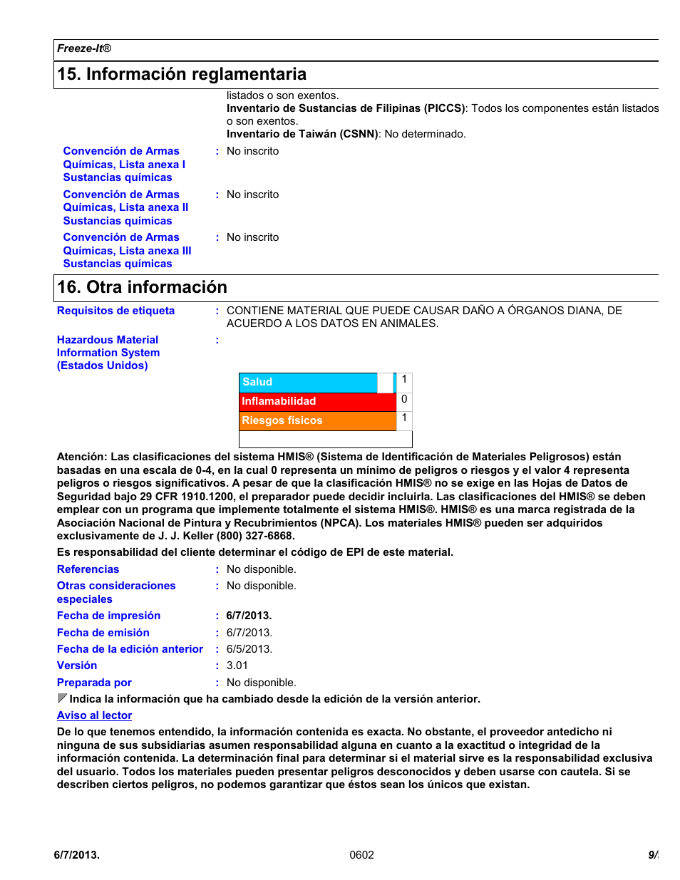 Información reglamentaria, Otra información | Chemtronics Freeze-It ES1550 User Manual | Page 9 / 9