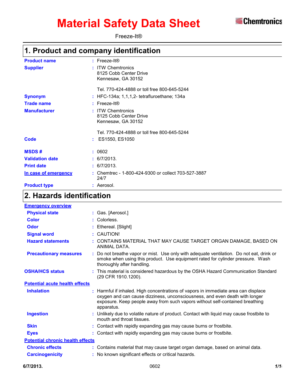 Chemtronics Freeze-It ES1550 User Manual | 10 pages