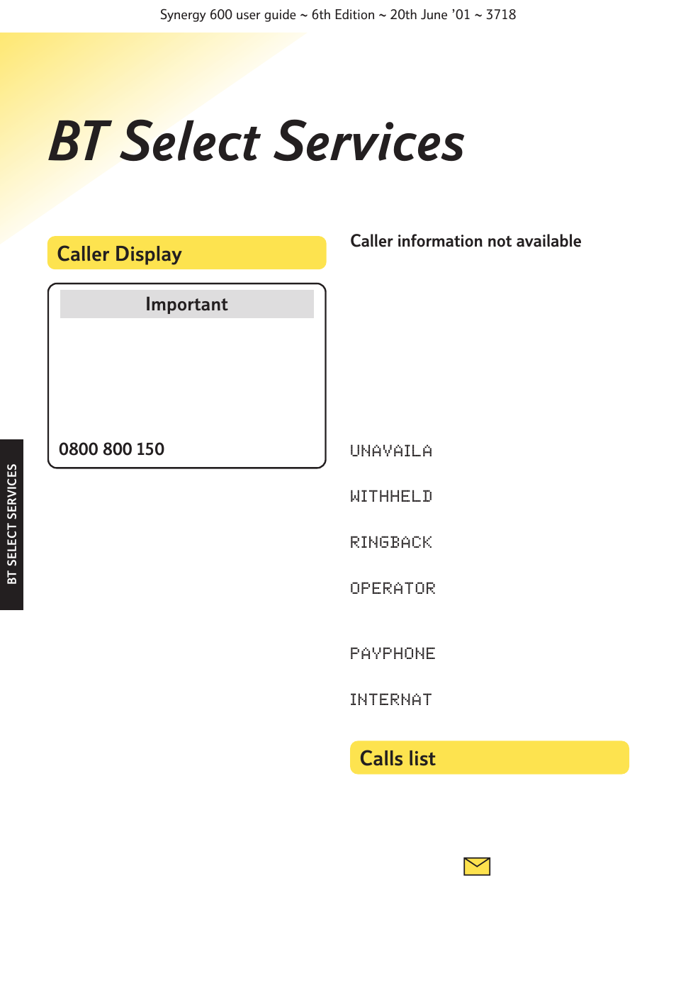 Bt select services, Caller display, Calls list | BT 600 User Manual | Page 24 / 41