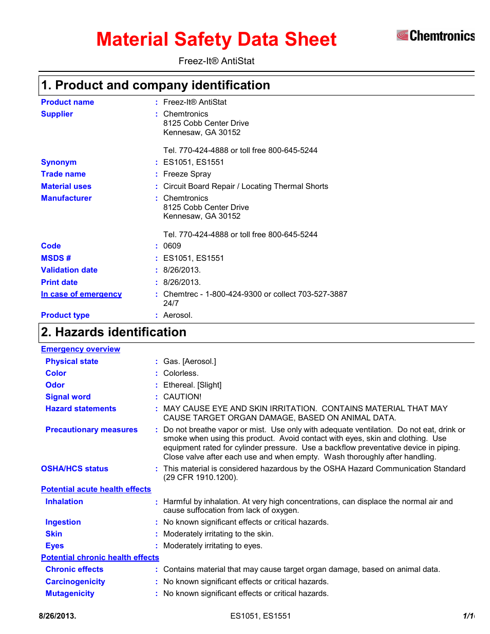 Chemtronics Freeze-It Antistatic ES1551 User Manual | 10 pages