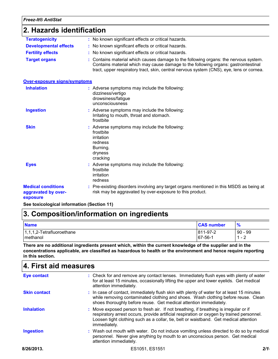 Hazards identification, Composition/information on ingredients, First aid measures | Chemtronics Freeze-It Antistatic ES1551 User Manual | Page 2 / 10