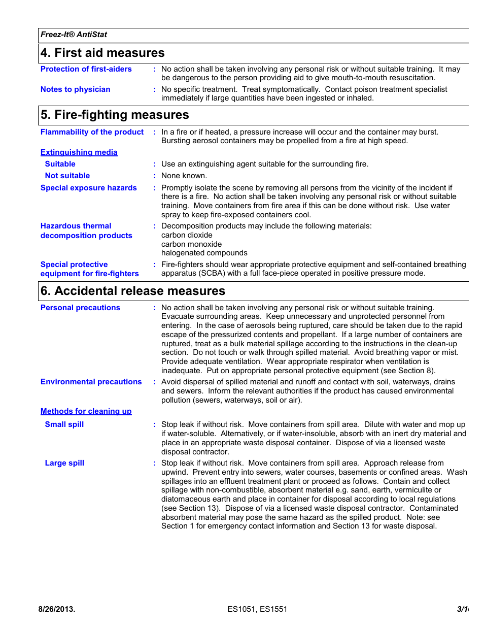 First aid measures, Fire-fighting measures, Accidental release measures | Chemtronics Freeze-It Antistatic ES1551 User Manual | Page 3 / 10