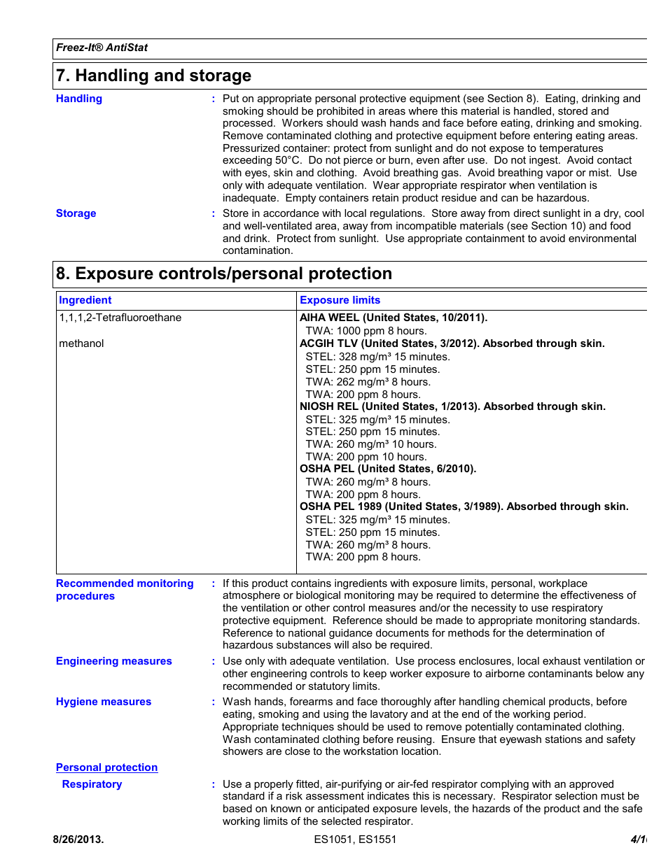 Handling and storage, Exposure controls/personal protection | Chemtronics Freeze-It Antistatic ES1551 User Manual | Page 4 / 10