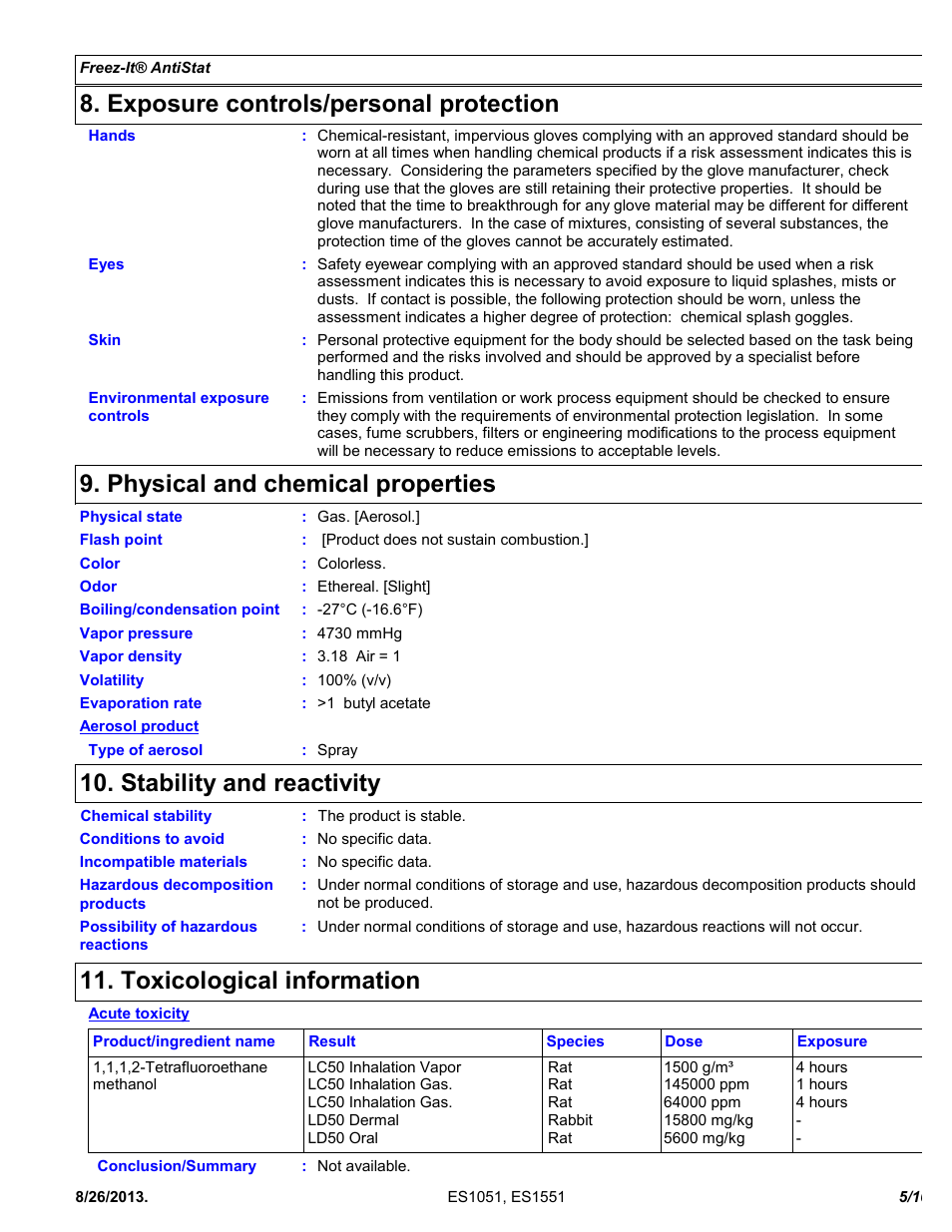 Exposure controls/personal protection, Physical and chemical properties, Stability and reactivity | Toxicological information | Chemtronics Freeze-It Antistatic ES1551 User Manual | Page 5 / 10