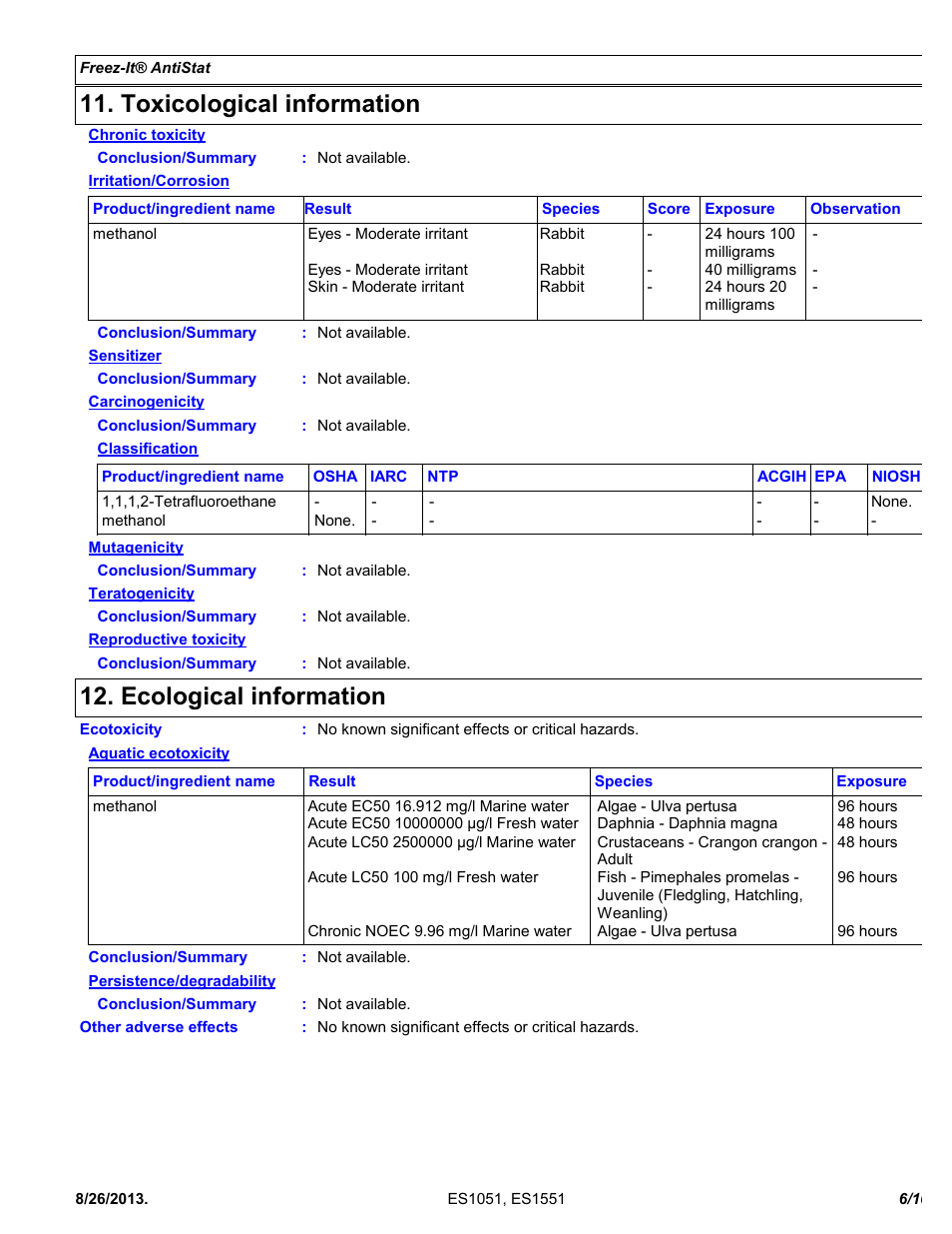 Toxicological information, Ecological information | Chemtronics Freeze-It Antistatic ES1551 User Manual | Page 6 / 10