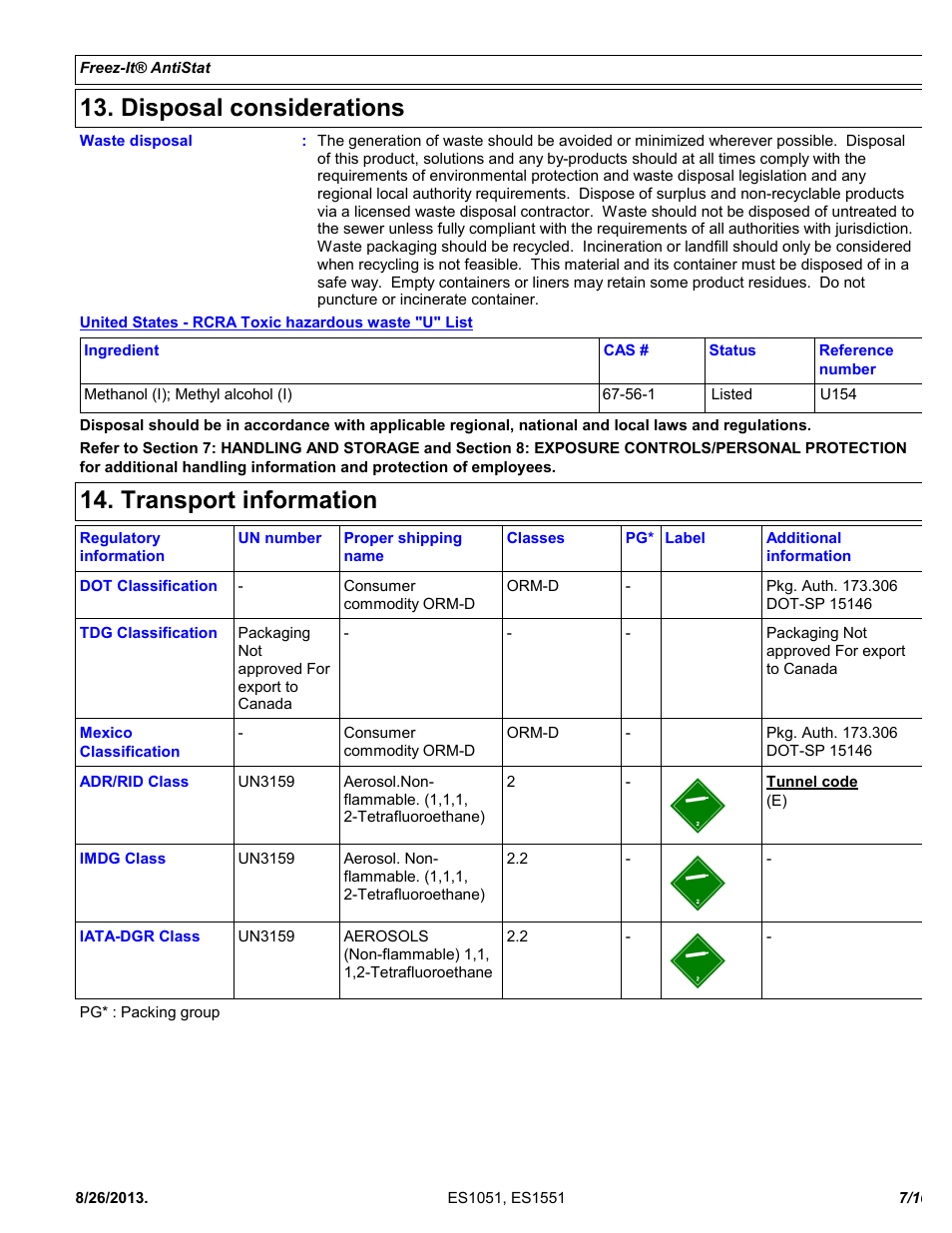 Disposal considerations, Transport information | Chemtronics Freeze-It Antistatic ES1551 User Manual | Page 7 / 10