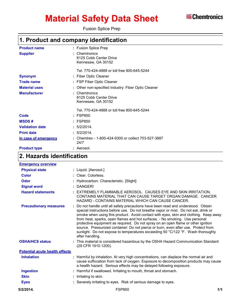 Chemtronics Fusion Splice Prep Solvent FSP850 User Manual | 13 pages