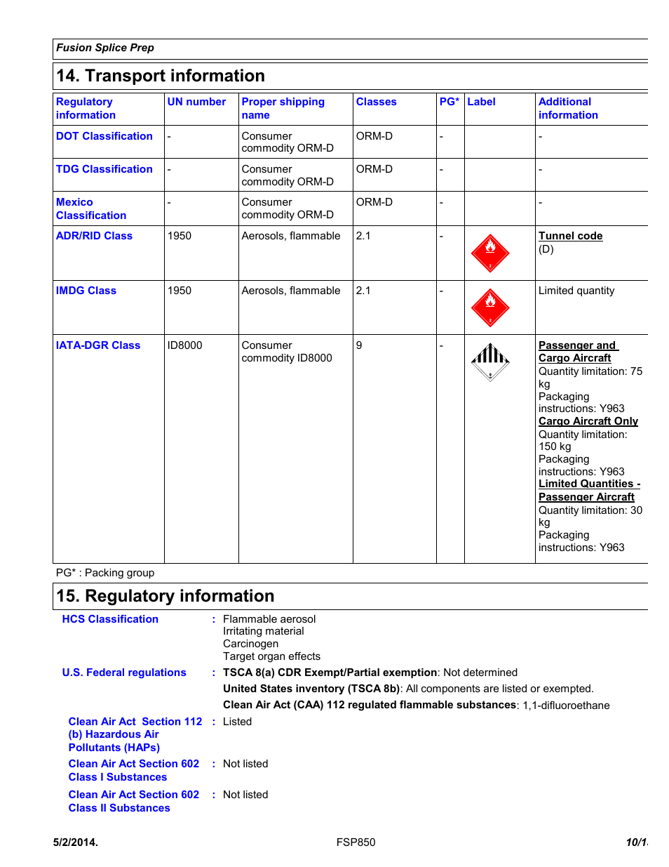 Transport information, Regulatory information | Chemtronics Fusion Splice Prep Solvent FSP850 User Manual | Page 10 / 13
