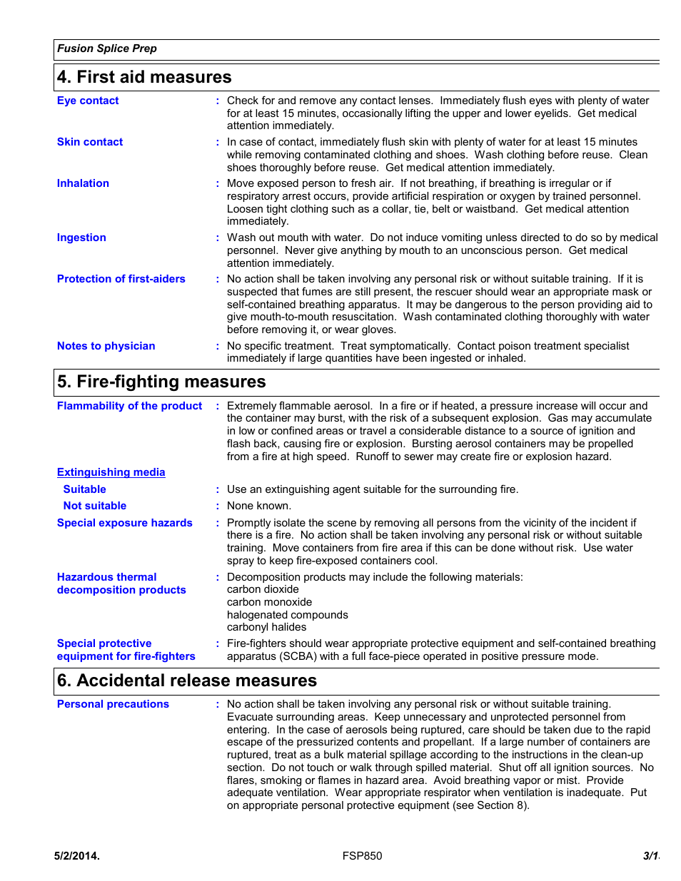 First aid measures, Fire-fighting measures, Accidental release measures | Chemtronics Fusion Splice Prep Solvent FSP850 User Manual | Page 3 / 13