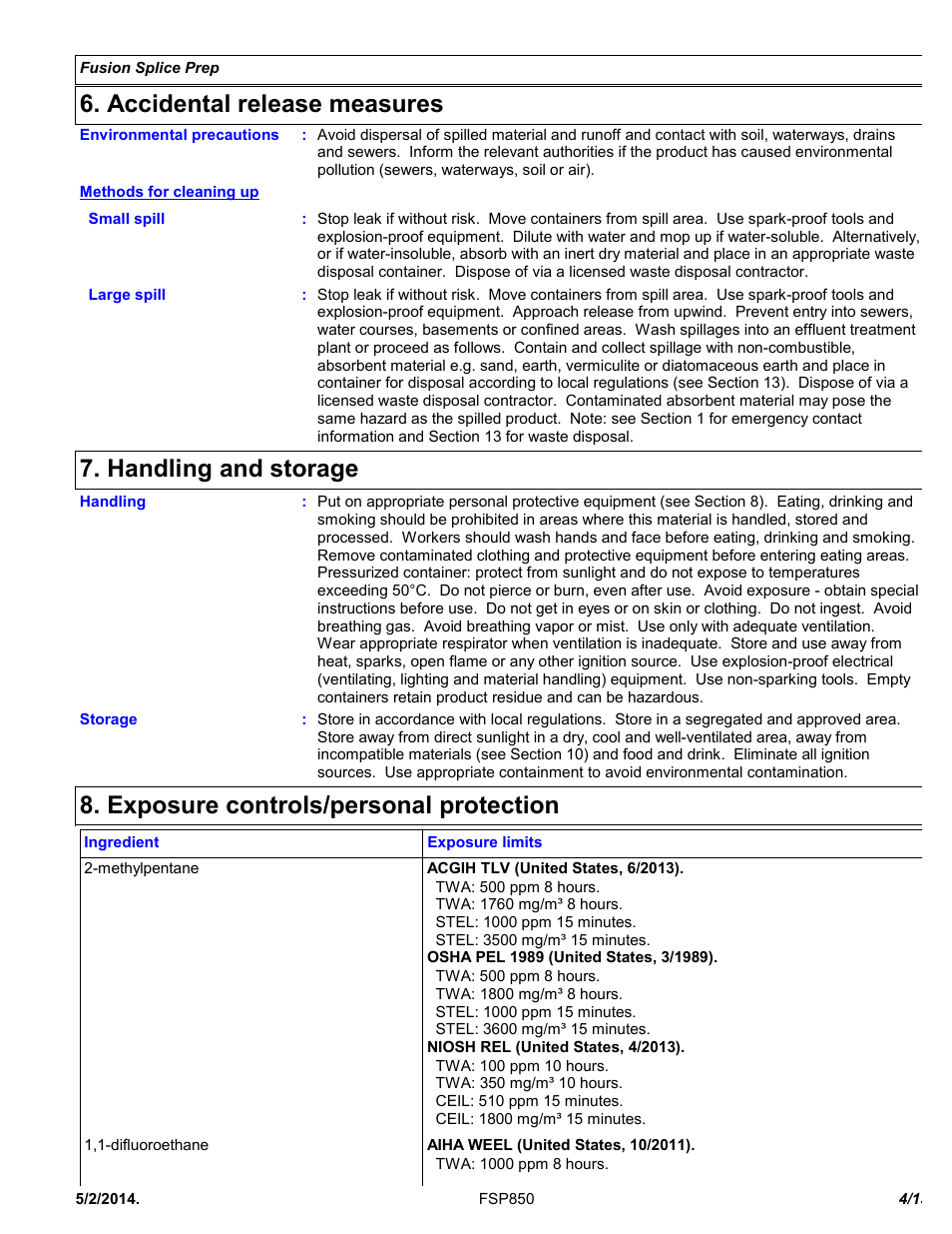 Accidental release measures, Handling and storage, Exposure controls/personal protection | Chemtronics Fusion Splice Prep Solvent FSP850 User Manual | Page 4 / 13