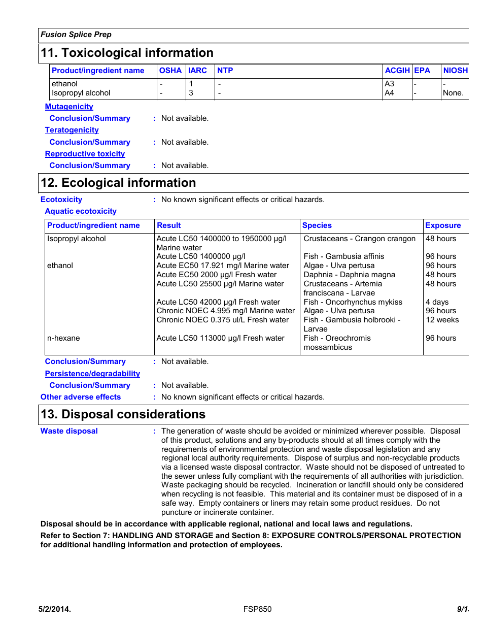 Toxicological information, Ecological information, Disposal considerations | Chemtronics Fusion Splice Prep Solvent FSP850 User Manual | Page 9 / 13