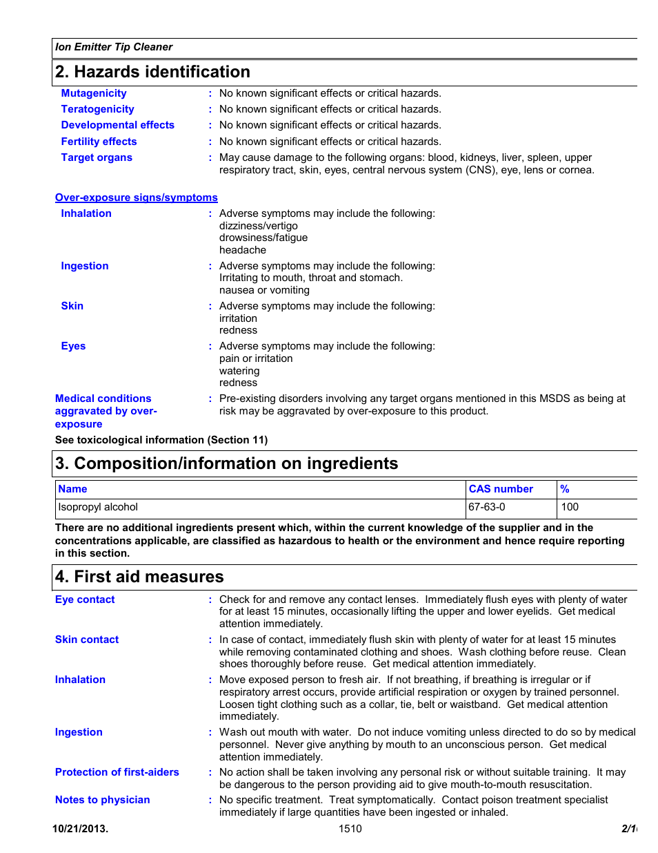 Hazards identification, Composition/information on ingredients, First aid measures | Chemtronics Ionizer Tip Cleaner 2702 User Manual | Page 2 / 10