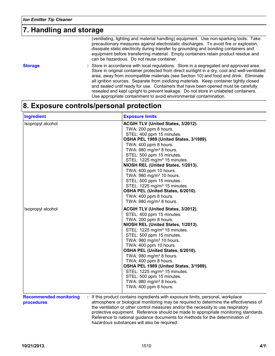 Handling and storage, Exposure controls/personal protection | Chemtronics Ionizer Tip Cleaner 2702 User Manual | Page 4 / 10