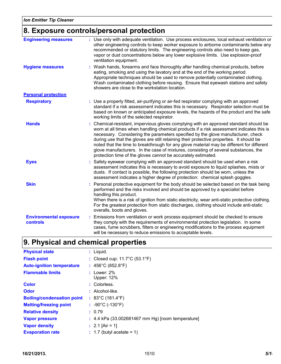 Exposure controls/personal protection, Physical and chemical properties | Chemtronics Ionizer Tip Cleaner 2702 User Manual | Page 5 / 10