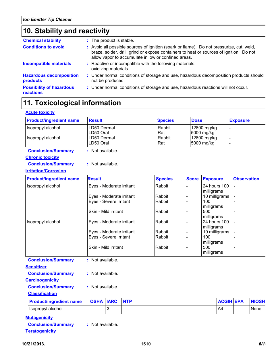 Stability and reactivity, Toxicological information | Chemtronics Ionizer Tip Cleaner 2702 User Manual | Page 6 / 10