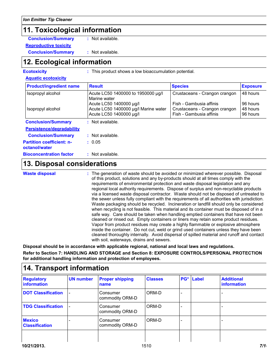Toxicological information, Ecological information, Disposal considerations | Transport information | Chemtronics Ionizer Tip Cleaner 2702 User Manual | Page 7 / 10