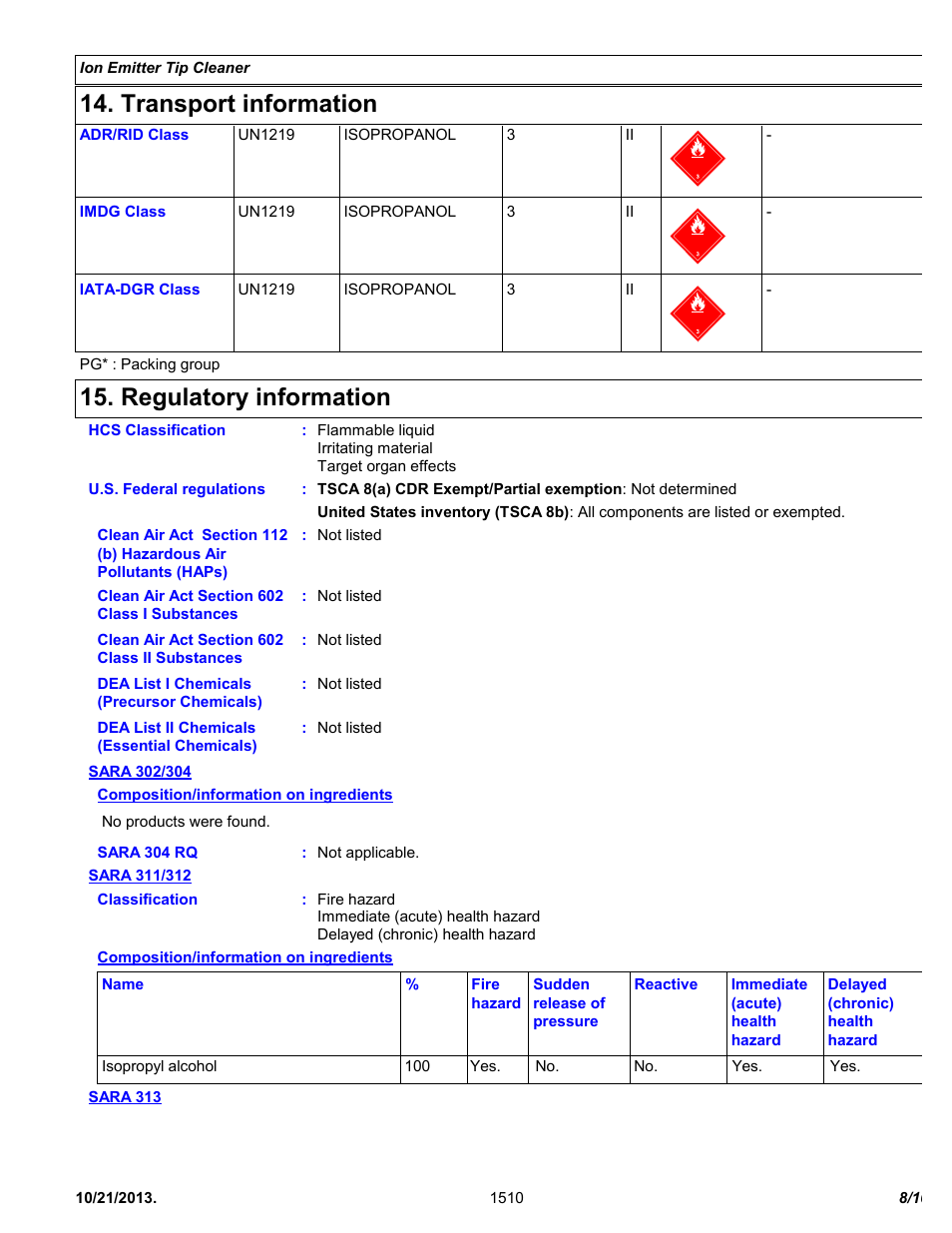Transport information, Regulatory information | Chemtronics Ionizer Tip Cleaner 2702 User Manual | Page 8 / 10