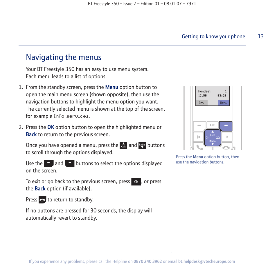 Navigating the menus | BT Freestyle 350 User Manual | Page 13 / 74