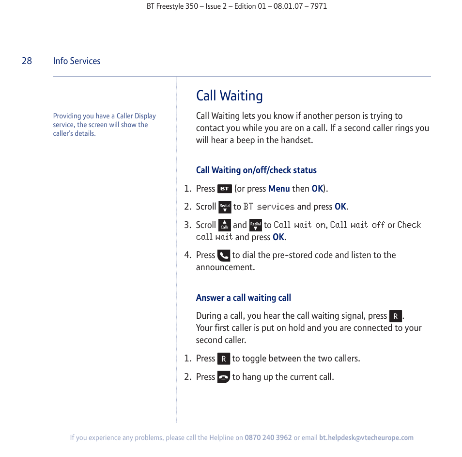 Call waiting | BT Freestyle 350 User Manual | Page 28 / 74
