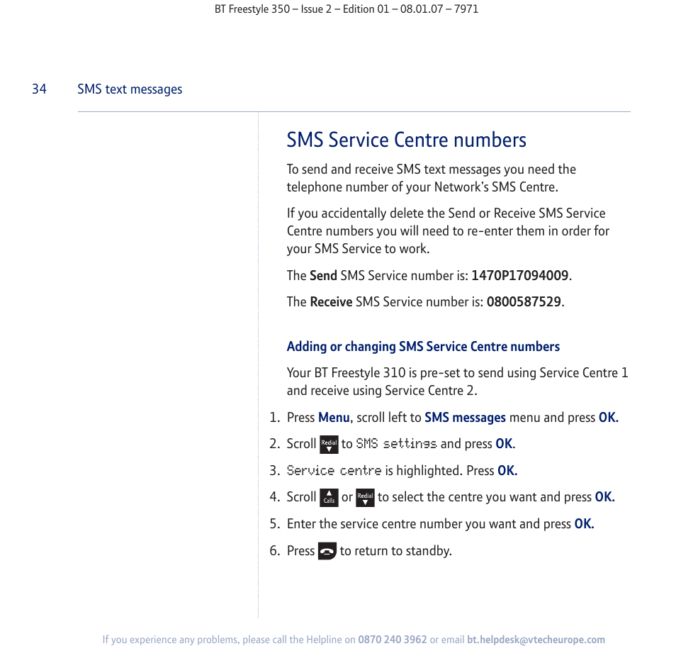 Sms service centre numbers | BT Freestyle 350 User Manual | Page 34 / 74