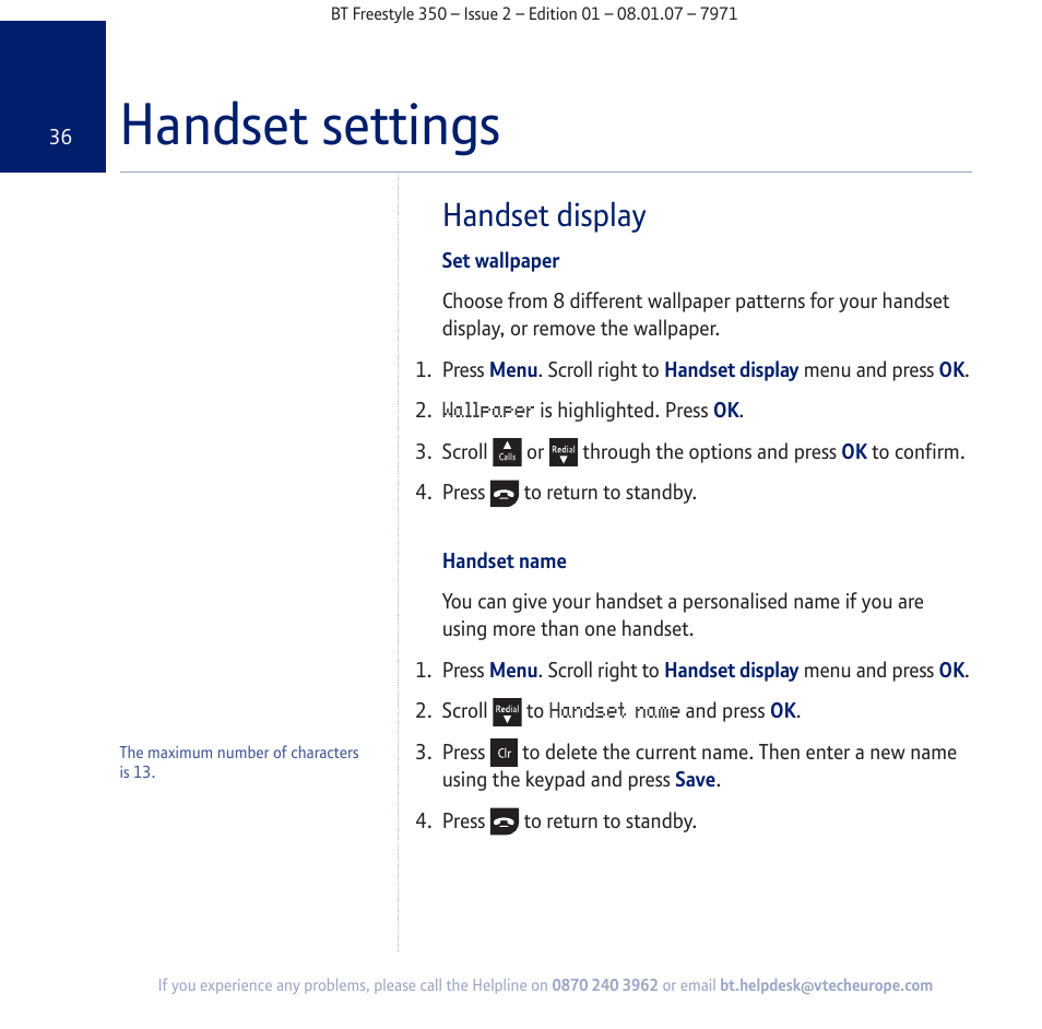 Handset settings, Handset display | BT Freestyle 350 User Manual | Page 36 / 74