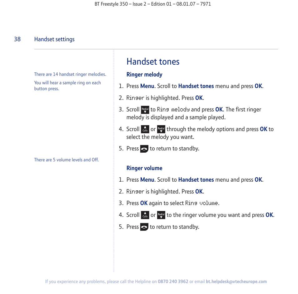 Handset tones | BT Freestyle 350 User Manual | Page 38 / 74