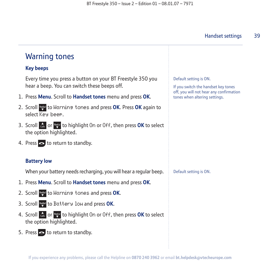 Warning tones | BT Freestyle 350 User Manual | Page 39 / 74