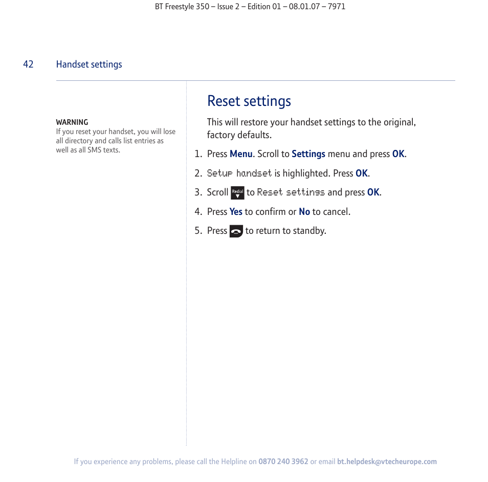 Reset settings | BT Freestyle 350 User Manual | Page 42 / 74