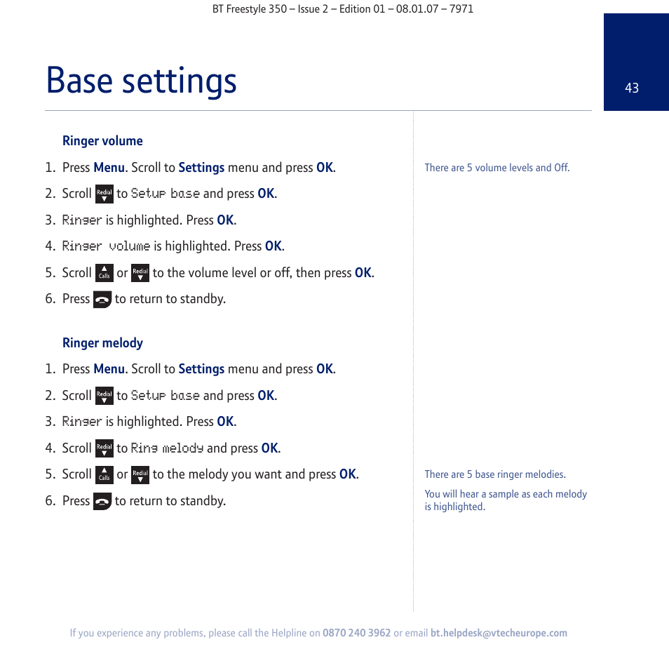 Base settings | BT Freestyle 350 User Manual | Page 43 / 74