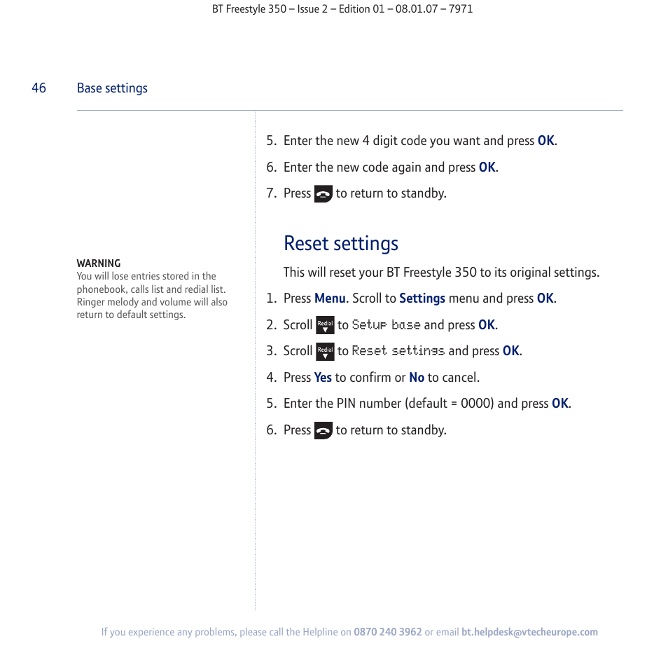 Reset settings | BT Freestyle 350 User Manual | Page 46 / 74