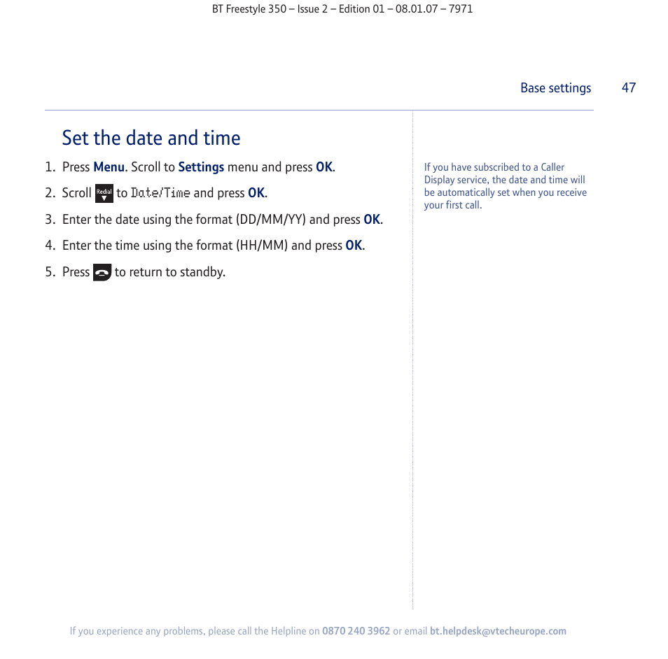 Set the date and time | BT Freestyle 350 User Manual | Page 47 / 74