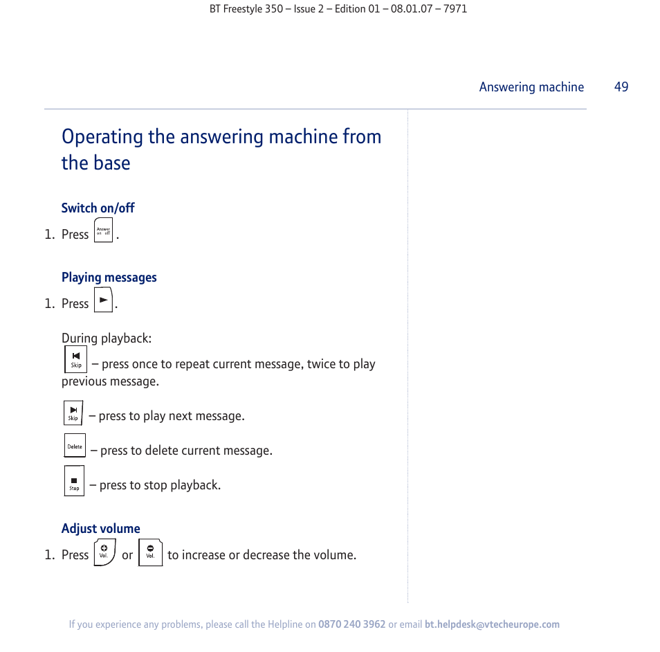 Operating the answering machine from the base | BT Freestyle 350 User Manual | Page 49 / 74
