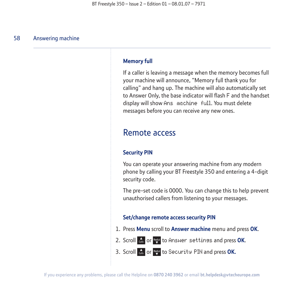 Remote access | BT Freestyle 350 User Manual | Page 58 / 74