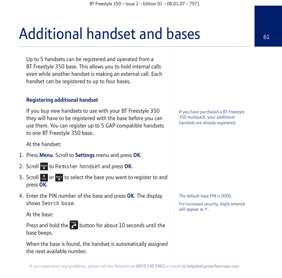 Additional handset and bases | BT Freestyle 350 User Manual | Page 61 / 74