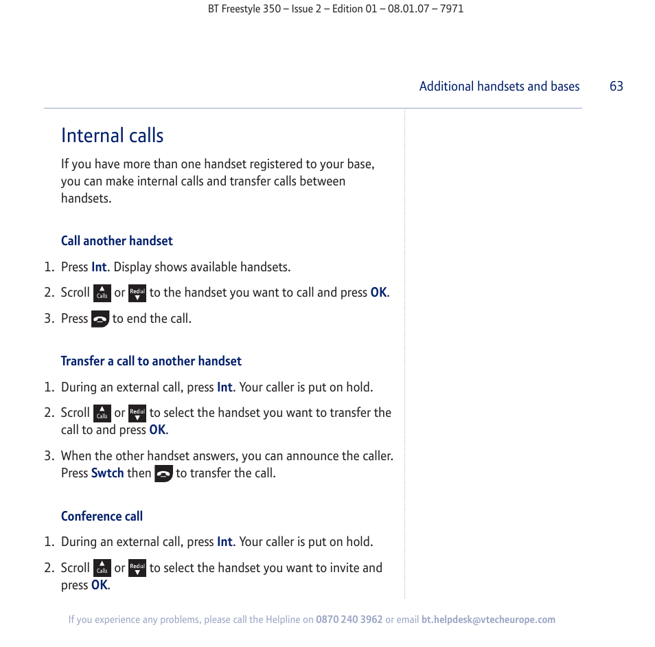 Internal calls | BT Freestyle 350 User Manual | Page 63 / 74