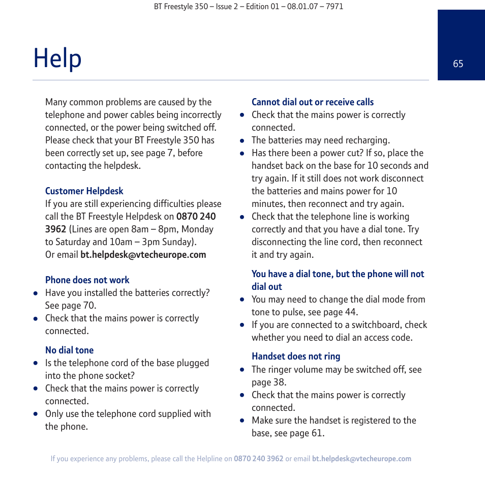 Help | BT Freestyle 350 User Manual | Page 65 / 74