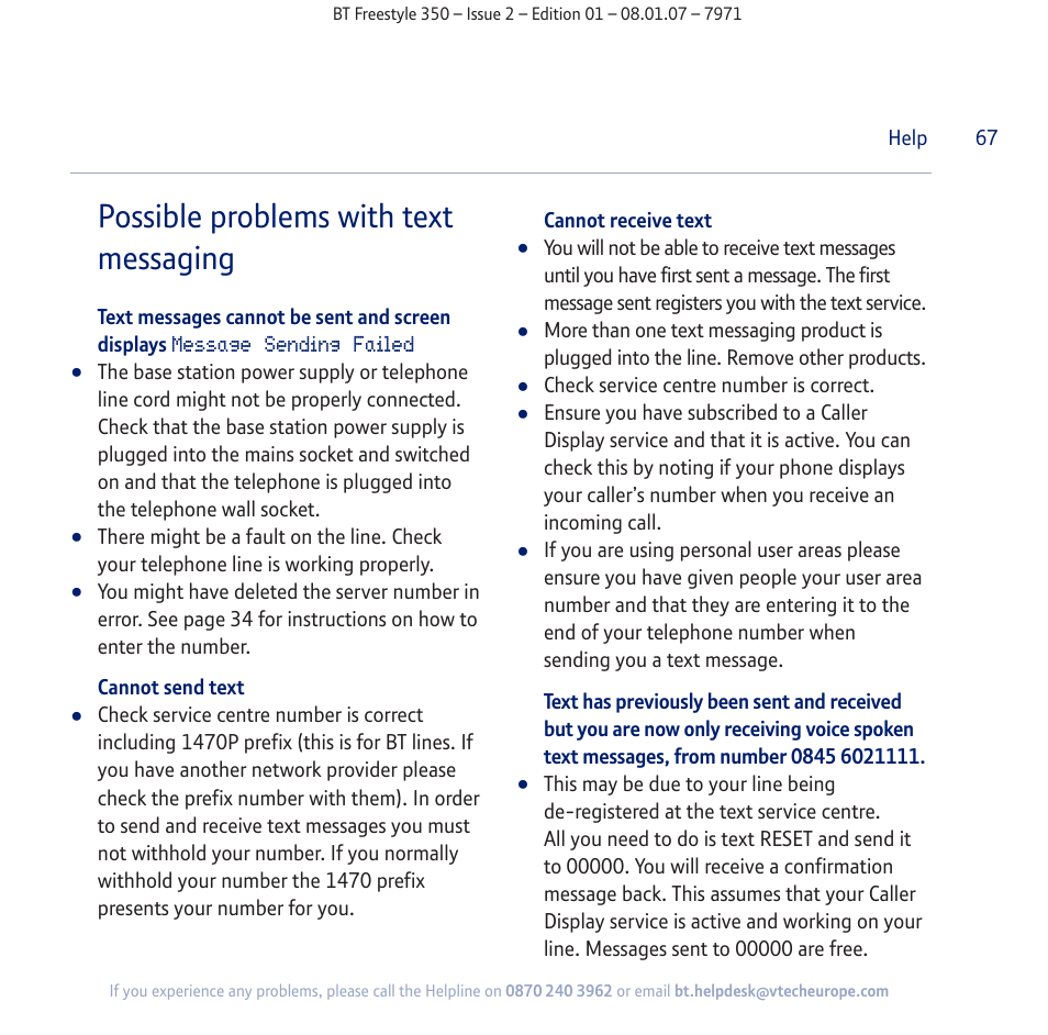 Possible problems with text messaging | BT Freestyle 350 User Manual | Page 67 / 74