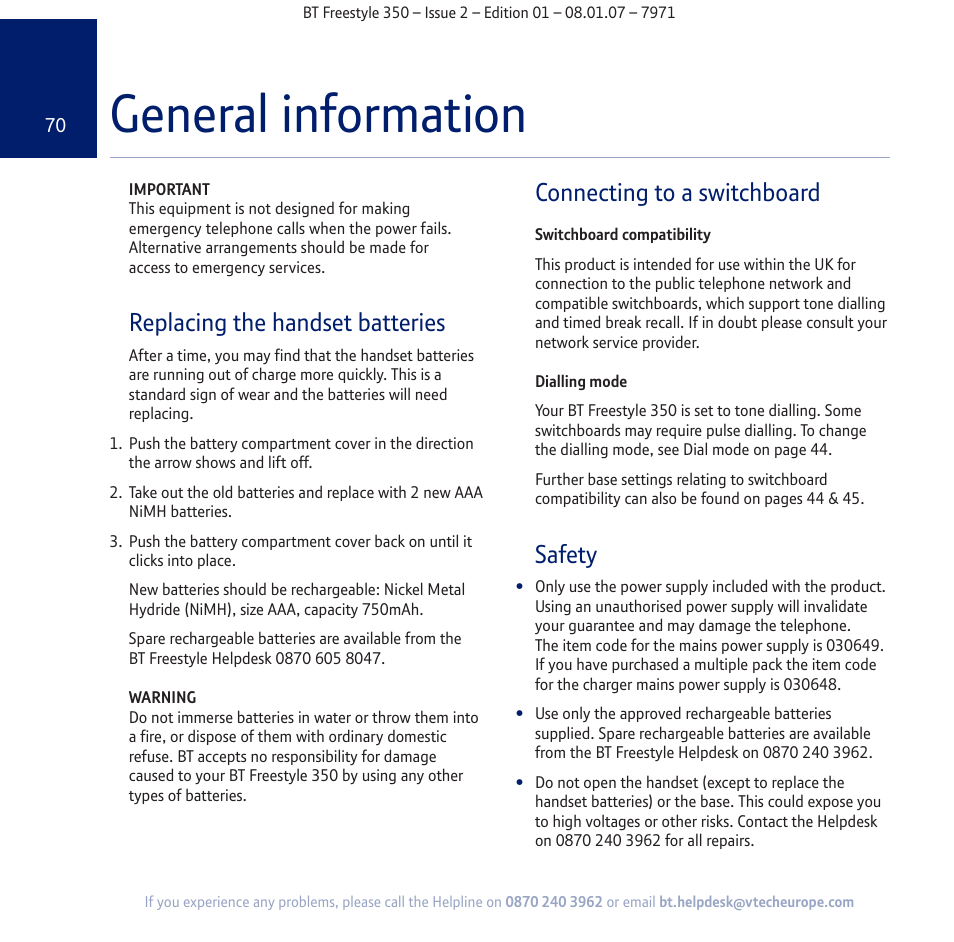 General information, Replacing the handset batteries, Connecting to a switchboard | Safety | BT Freestyle 350 User Manual | Page 70 / 74