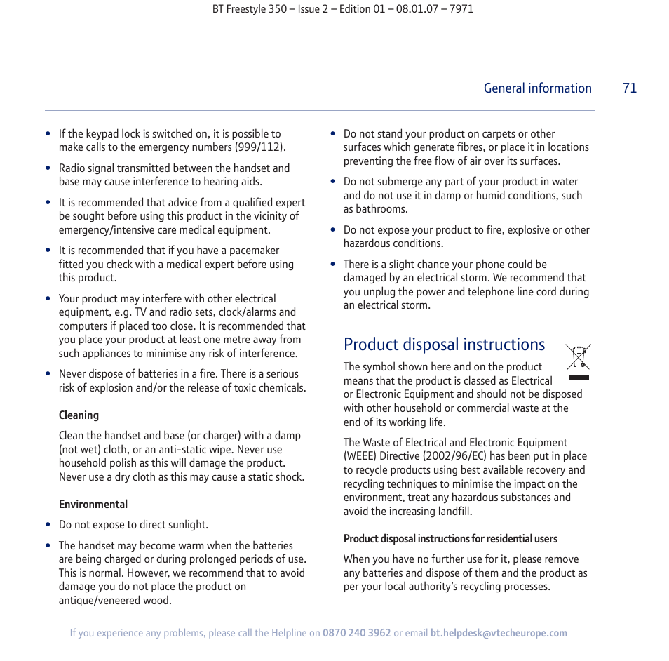 Product disposal instructions | BT Freestyle 350 User Manual | Page 71 / 74
