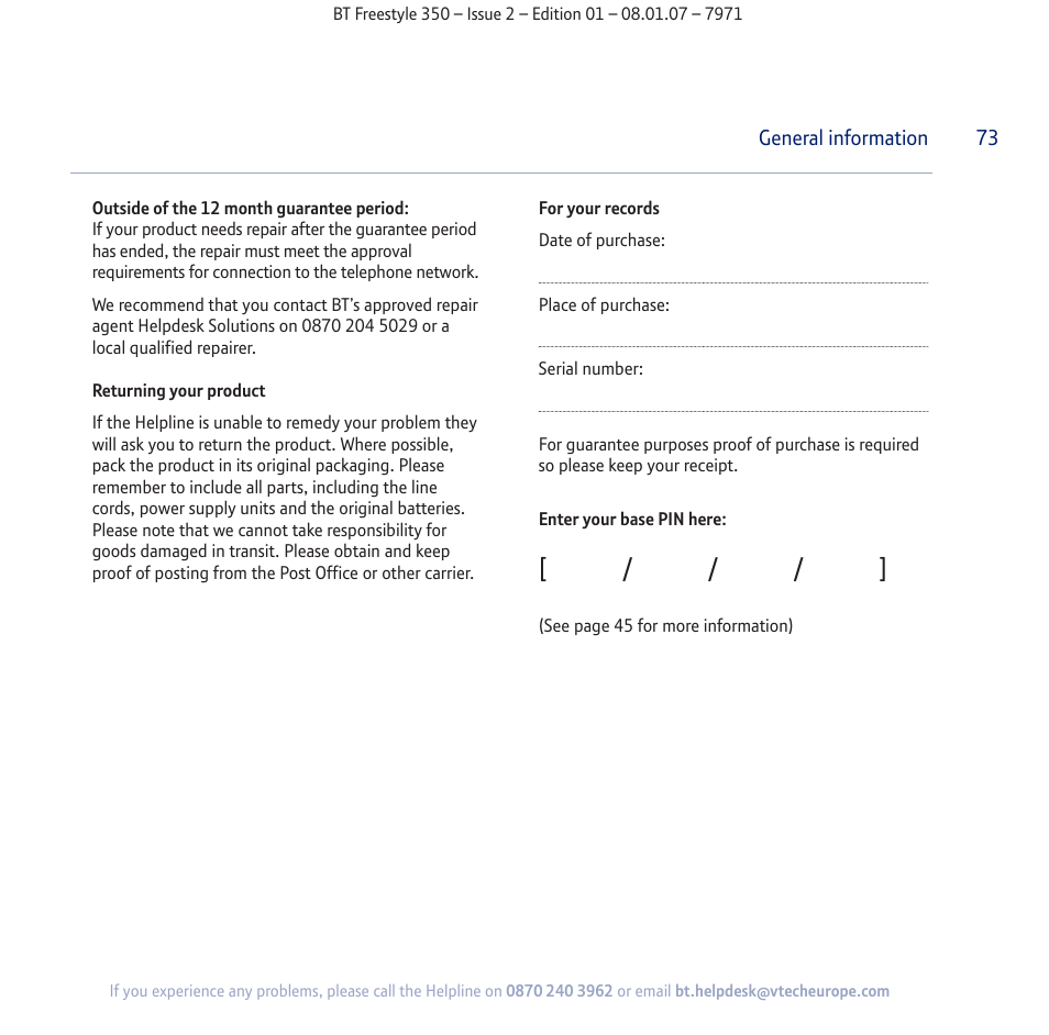 BT Freestyle 350 User Manual | Page 73 / 74