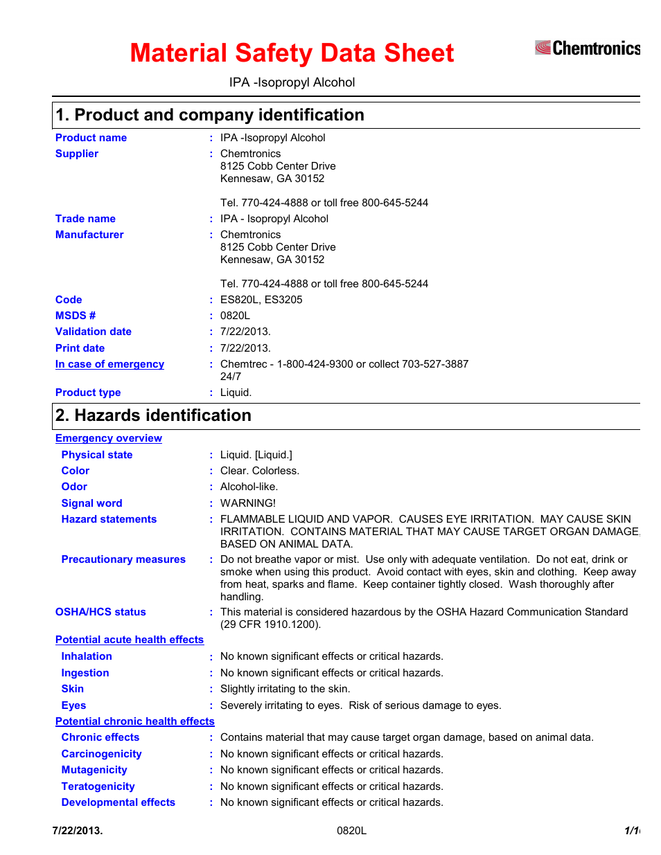 Chemtronics IPA - Isopropyl Alcohol ES820L User Manual | 10 pages