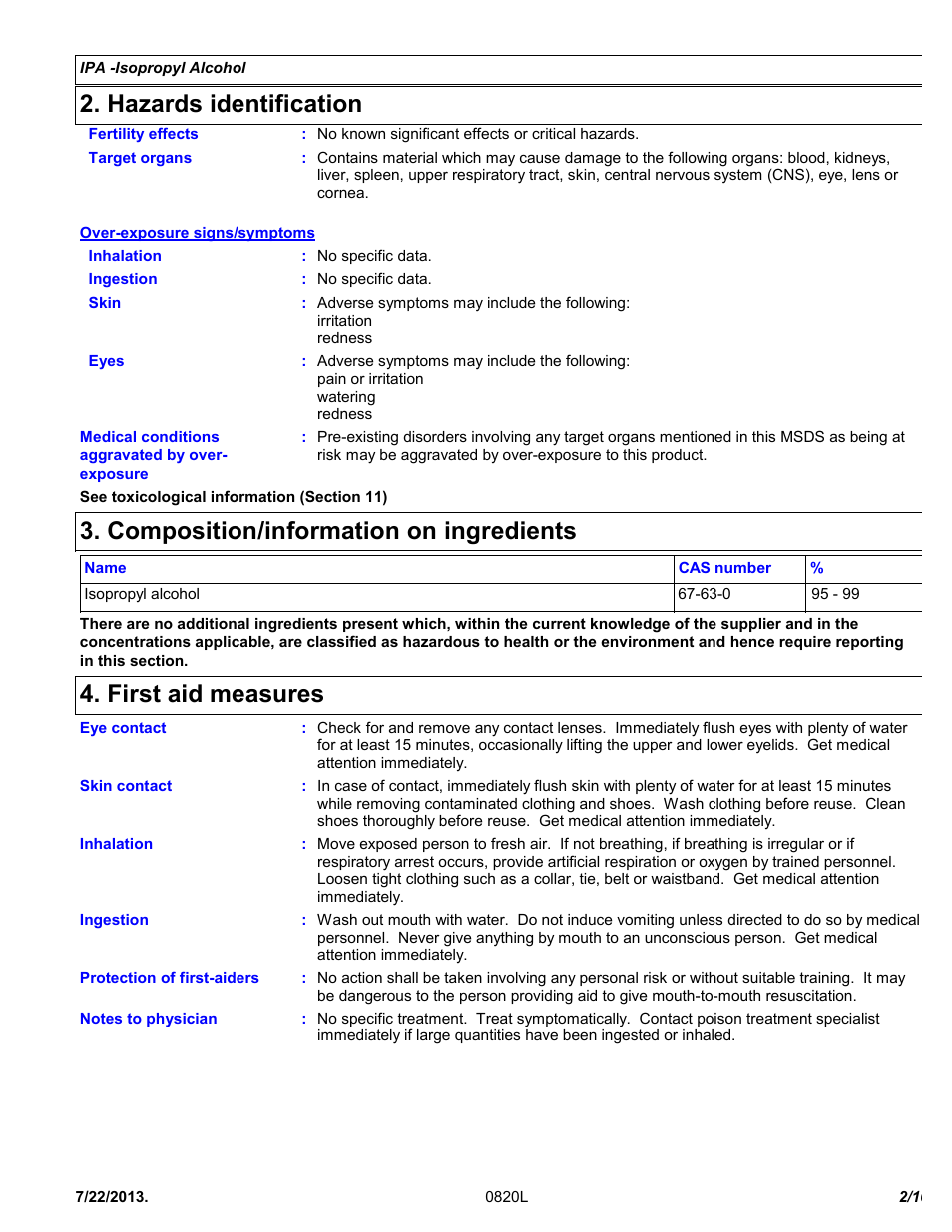 Hazards identification, Composition/information on ingredients, First aid measures | Chemtronics IPA - Isopropyl Alcohol ES820L User Manual | Page 2 / 10