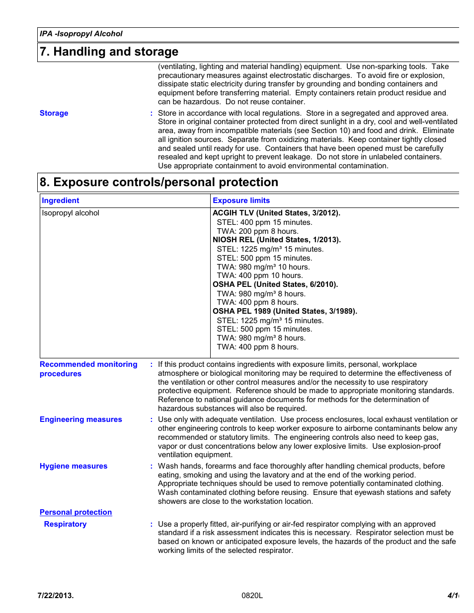 Handling and storage, Exposure controls/personal protection | Chemtronics IPA - Isopropyl Alcohol ES820L User Manual | Page 4 / 10