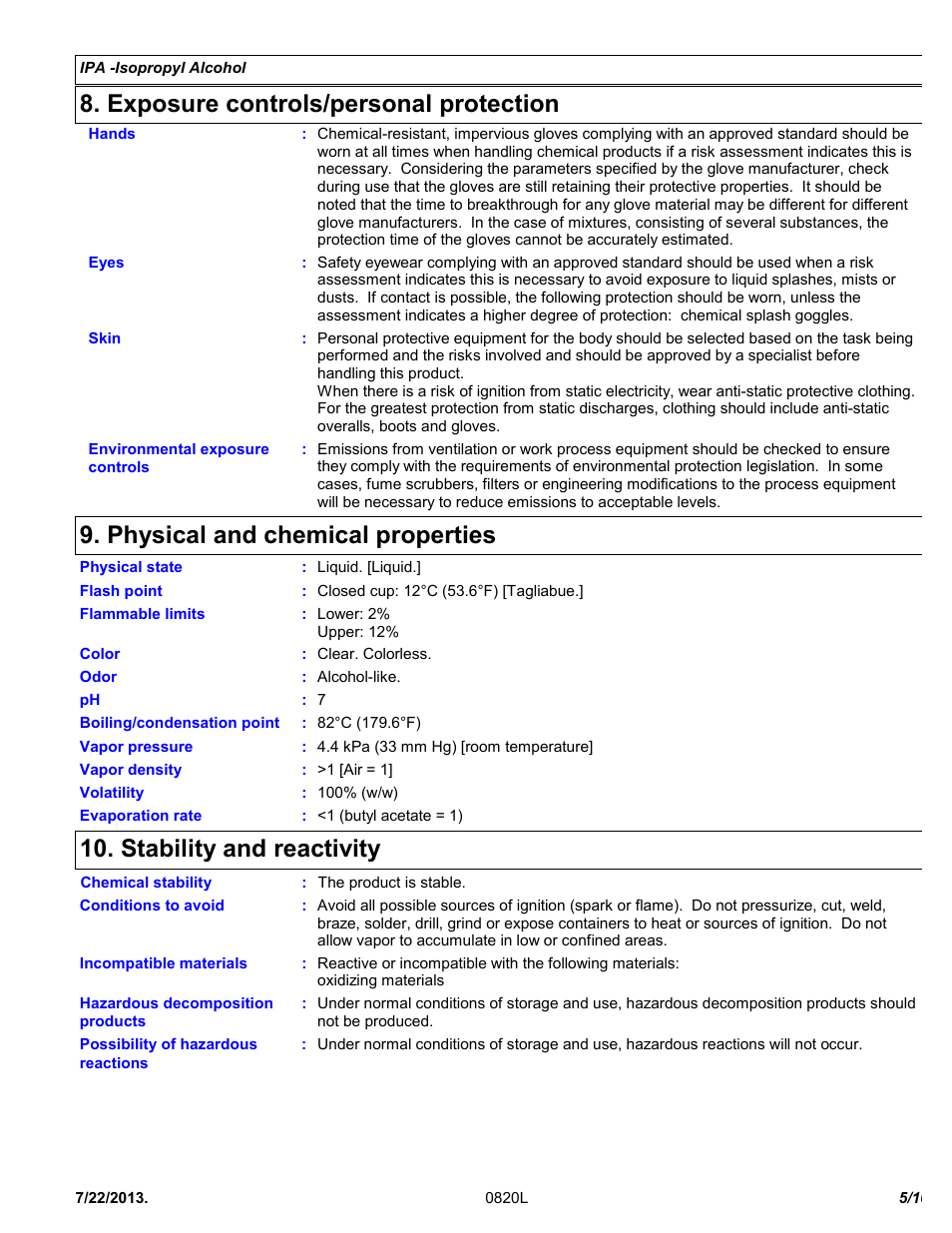 Exposure controls/personal protection, Physical and chemical properties, Stability and reactivity | Chemtronics IPA - Isopropyl Alcohol ES820L User Manual | Page 5 / 10