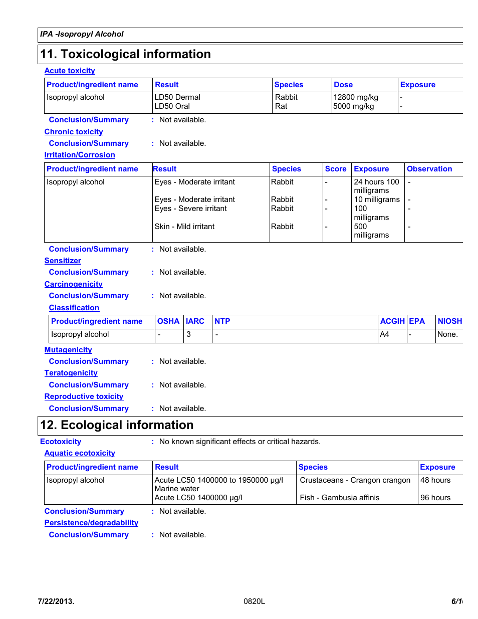Toxicological information, Ecological information | Chemtronics IPA - Isopropyl Alcohol ES820L User Manual | Page 6 / 10